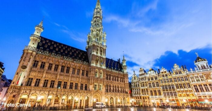 La cordobesa Delcy Morelos se despide del Palacio de Bellas Artes de Bruselas con una obra hecha con tierra de Bélgica Illuminated historic buildings with a tall central spire on a cobblestone square at dusk, city skyline of a European square. - La cordobesa Delcy Morelos se despide del Palacio de Bellas Artes de Bruselas con una obra hecha con tierra de Bélgica