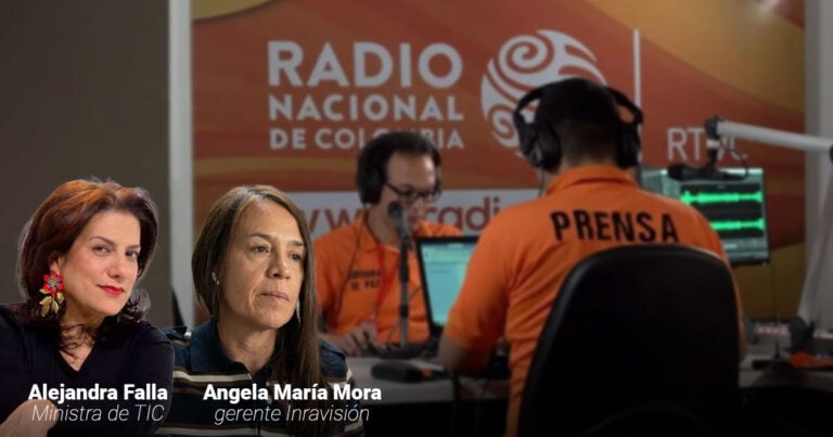 Las2orillas.co: Historias, voces y noticias de Colombia Two women in the foreground with captions showing Alejandra Falla, Ministra de TIC, and Angela María Mora, gerentе Inravisión, in a Colombian radio studio backdrop. - Las2orillas.co: Historias, voces y noticias de Colombia