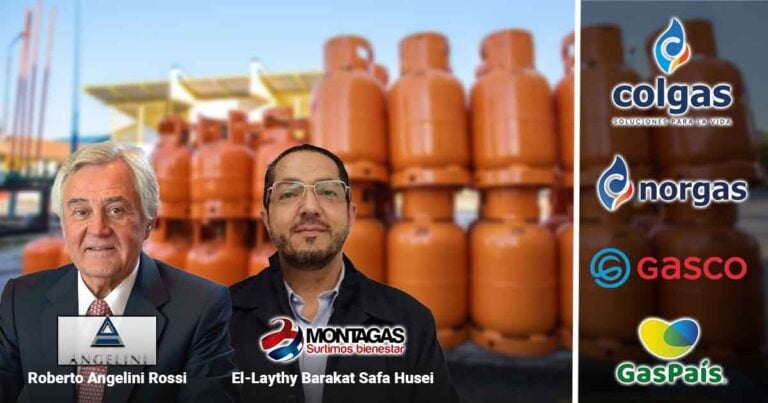 Las2orillas.co: Historias, voces y noticias de Colombia Two businessmen pose in front of stacked orange gas cylinders with a vertical panel of company logos on the right. - Las2orillas.co: Historias, voces y noticias de Colombia