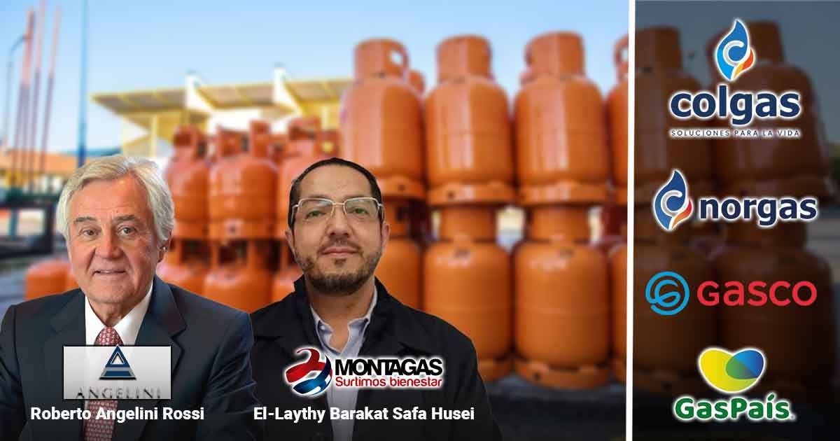 Two businessmen pose in front of stacked orange gas cylinders with a vertical panel of company logos on the right. - Una empresa colombiana es la única que con sus pipetas le pelean a 4 gigantes chilenas en el negocio de gas propano