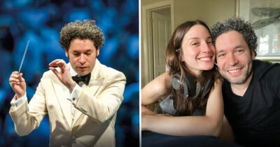 La envidiable historia de amor del director sinfónico venezolano Gustavo Dudamel y la actriz española María Valverde Split image: left side shows a conductor in a white suit directing with a baton; right side shows a couple smiling for a selfie indoors, woman wearing headphones around her neck. - La envidiable historia de amor del director sinfónico venezolano Gustavo Dudamel y la actriz española María Valverde