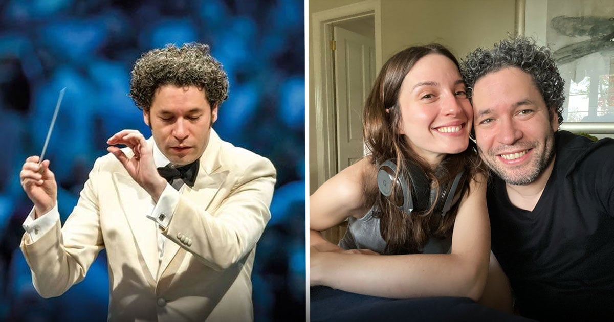 Split image: left side shows a conductor in a white suit directing with a baton; right side shows a couple smiling for a selfie indoors, woman wearing headphones around her neck. - La envidiable historia de amor del director sinfónico venezolano Gustavo Dudamel y la actriz española María Valverde