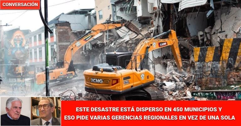 Las2orillas.co: Historias, voces y noticias de Colombia Orange excavators amid rubble and collapsed buildings, with a red news banner carrying a Spanish headline and inset portraits of two men in the bottom-left corner; top-left label reads 'CONVERSACIÓN'. - Las2orillas.co: Historias, voces y noticias de Colombia