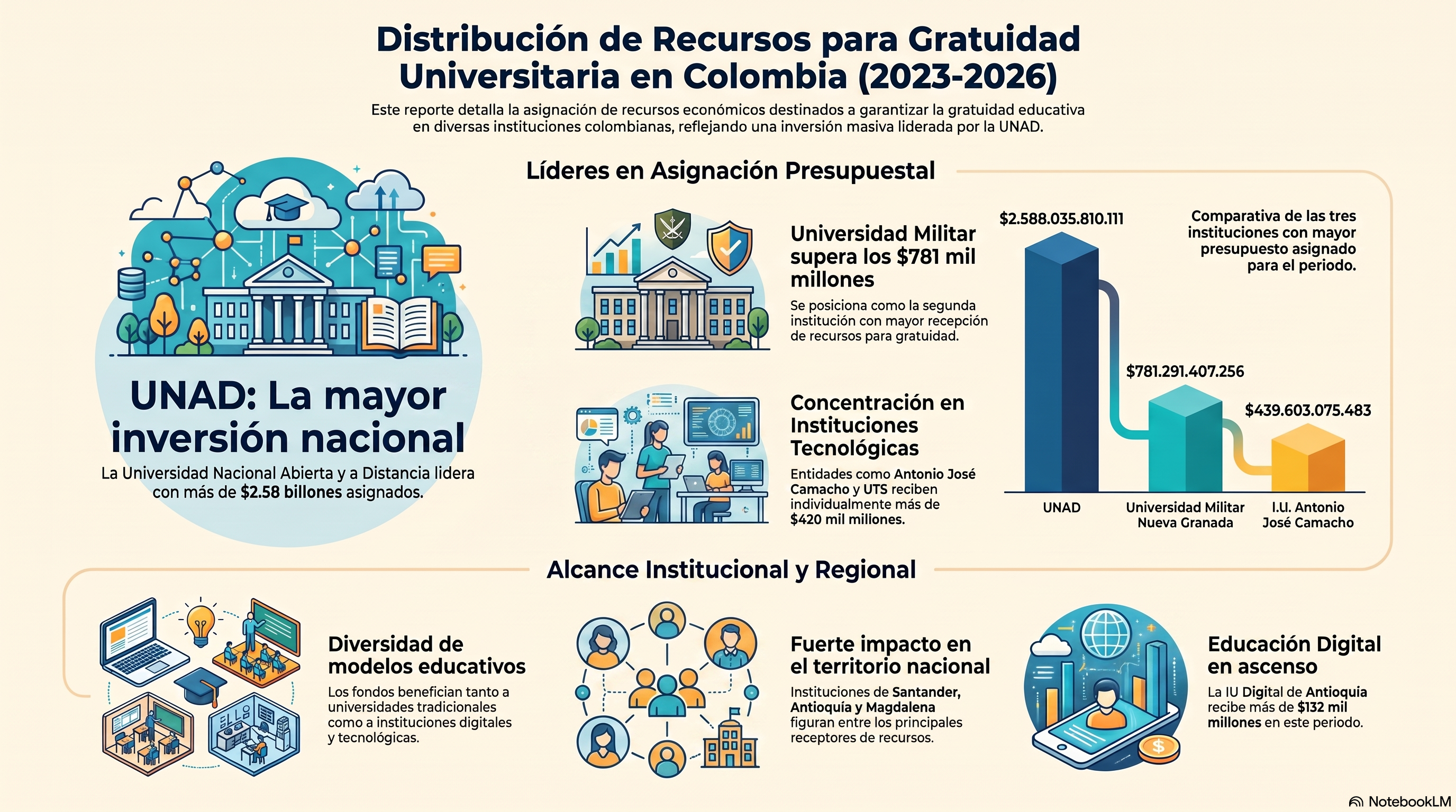 Así repartió Petro billones para costear matriculas gratis en las universidades: la Unad se llevó la tajada mayor Infografía en español sobre la distribución de recursos para la gratuidad universitaria en Colombia (2023-2026), con gráficos y secciones temáticas. - Así repartió Petro billones para costear matriculas gratis en las universidades: la Unad se llevó la tajada mayor