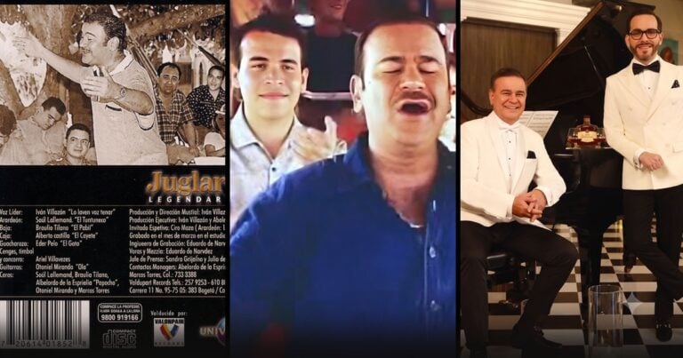Las2orillas.co: Historias, voces y noticias de Colombia Triptych collage: left vintage poster, center man singing, right two musicians in white tuxedos by a grand piano. - Las2orillas.co: Historias, voces y noticias de Colombia