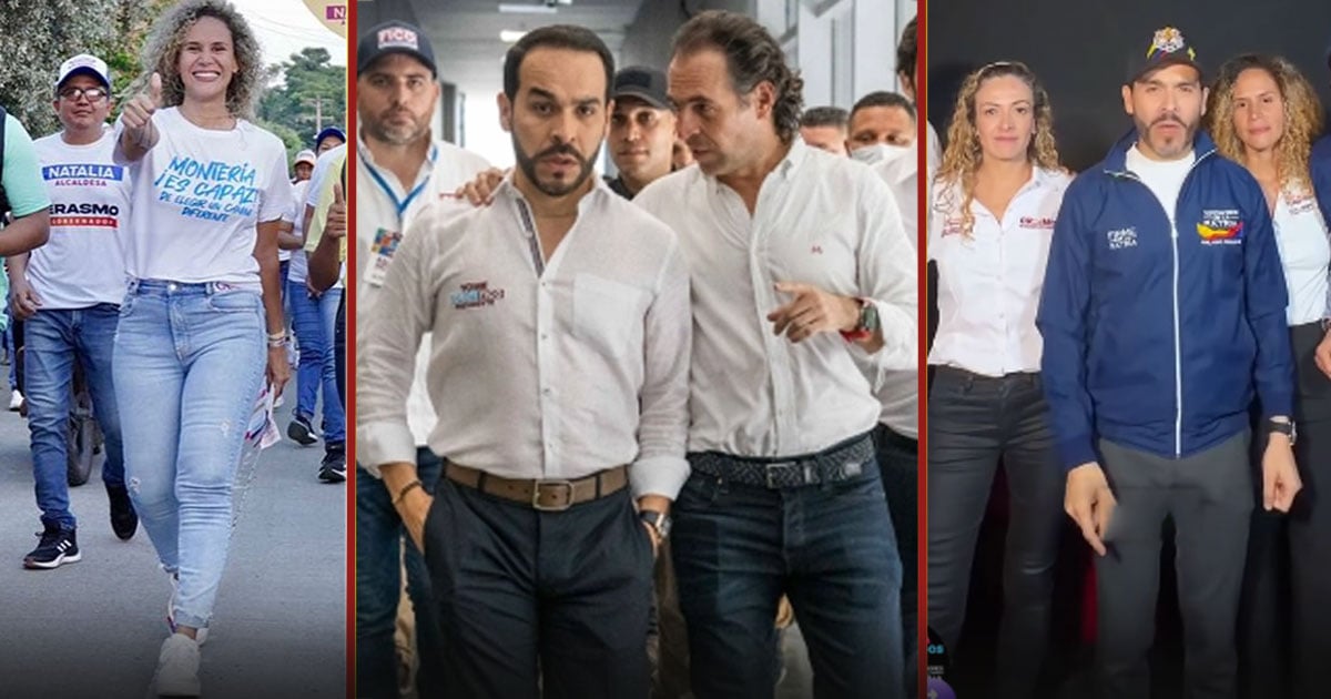 Three-panel collage of people at a public event: left shows a smiling woman in a white T-shirt and jeans leading a march; middle shows two men in white shirts talking in a crowd; right shows a man in a blue jacket flanked by two women on a stage. - El espaldarazo de Fico Gutiérrez que metió a la Profe cordobesa Natalia López en el gabinete del Tigre
