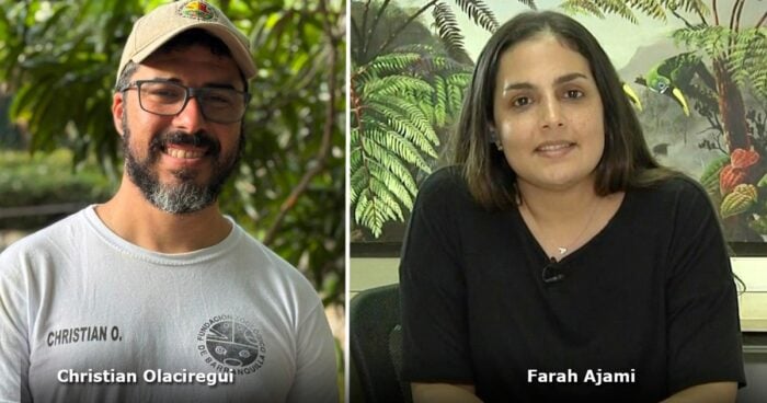 Milagro, el pájaro de 87 gramos en vía de extinción que el ministro Arjona convirtió en símbolo del giro de MinAmbiente Side-by-side: Christian Olaciregui outdoors in a cap and glasses (white shirt) next to Farah Ajami indoors in a black top with a tropical mural behind her, both looking at the camera. - Milagro, el pájaro de 87 gramos en vía de extinción que el ministro Arjona convirtió en símbolo del giro de MinAmbiente