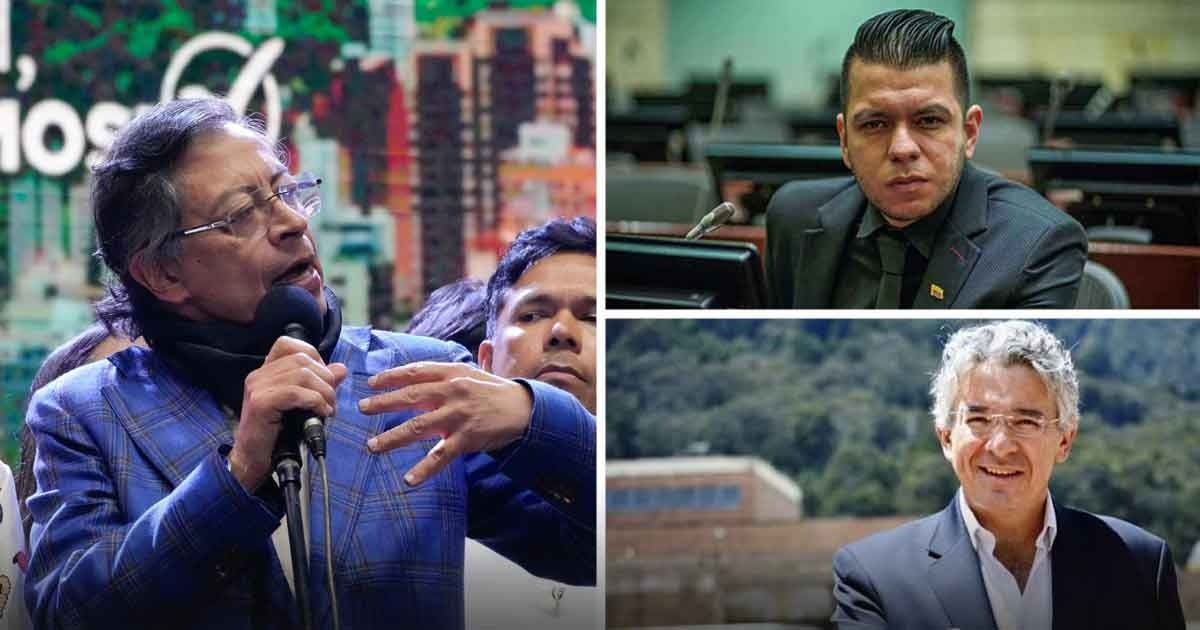 Collage of three men: left, a man in a blue plaid suit speaks into a microphone at a public event; top right, a man in a dark suit in a conference setting; bottom right, a man in a suit smiles outdoors. - Los once senadores que no quieren que Petro no salga bien del país