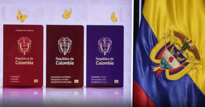 Por qué tambalea el contrato de pasaportes que Petro firmó con los portugueses y la Imprenta Nacional Row of three Colombian passports (red, burgundy, blue) with the national flag to the right. - Por qué tambalea el contrato de pasaportes que Petro firmó con los portugueses y la Imprenta Nacional