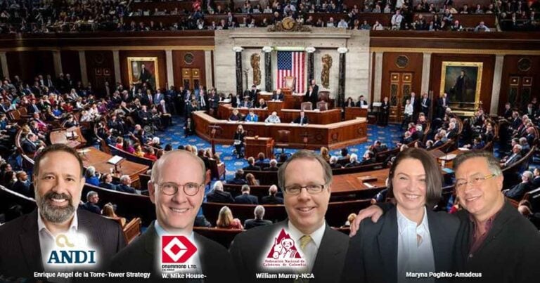 Las2orillas.co: Historias, voces y noticias de Colombia Five professionally dressed individuals stand in front of a large U.S. congressional chamber, with a row of logos and captions at their feet. The chamber backdrop features an American flag and lawmakers seated in a semicircular chamber. - Las2orillas.co: Historias, voces y noticias de Colombia