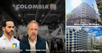 Las2orillas.co: Historias, voces y noticias de Colombia Two men at a trade show with PROCOLOMBIA branding; Madrid building Eficio Lagasca 88 and a Miami 601 Brickell Key Drive tower shown beside the executives. - Las2orillas.co: Historias, voces y noticias de Colombia