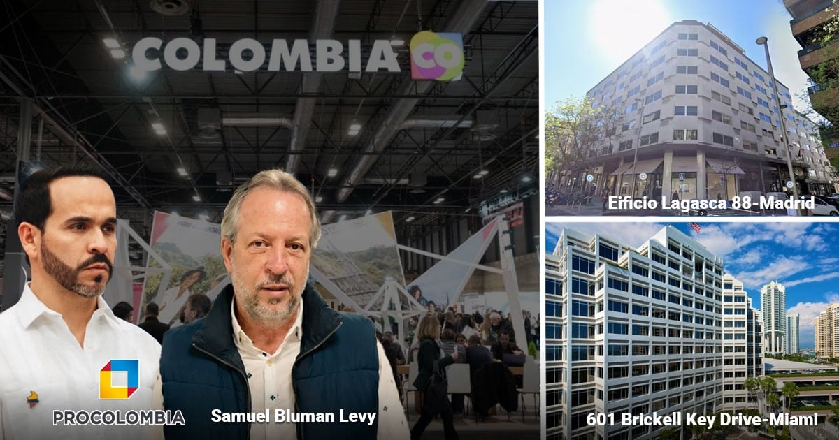 Two men at a trade show with PROCOLOMBIA branding; Madrid building Eficio Lagasca 88 and a Miami 601 Brickell Key Drive tower shown beside the executives. - Quiénes están en los mejores oficinas de Procolombia en el exterior que El Tigre va a acabar