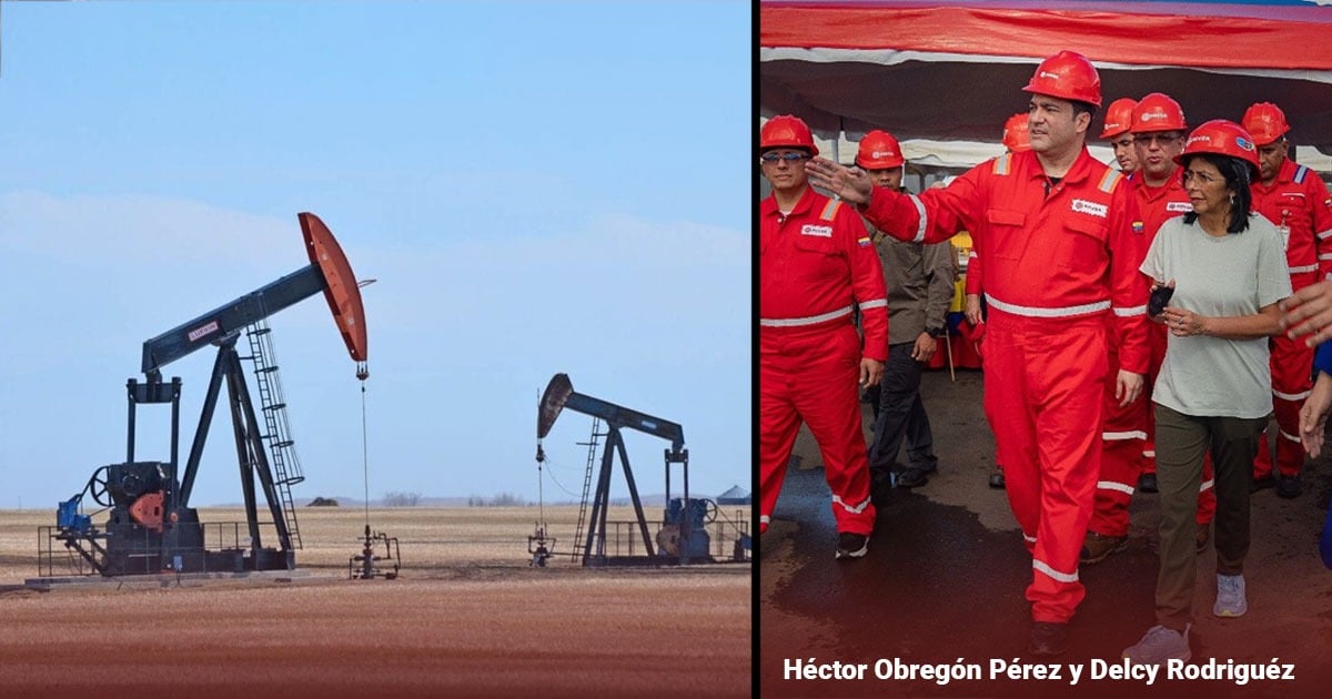 Split image: left shows oil pumps in a flat field under a blue sky; right shows workers in red coveralls under a tent, a man gesturing while a woman stands nearby. - Un poderoso bufete manejará los contratos de las empresas que explotarán el petróleo venezolano