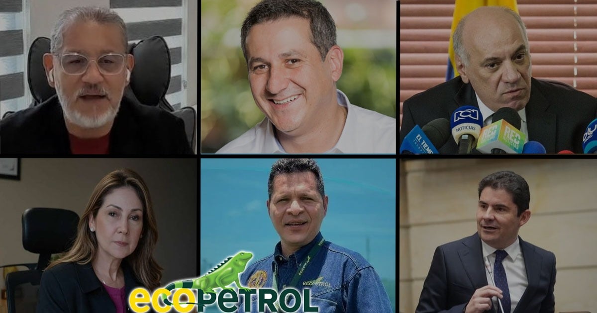 Grid of six headshots: top row left man with glasses, middle smiling man, right man at a press conference; bottom row woman, man in a blue polo outdoors with EcoPETROL logo, man in a suit talking. - Estos son los escogidos que el presidente De la Espriella quiere sentar en la junta directiva de Ecopetrol