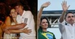 Left panel: smiling woman hugging an older man in a white polo at night. Right panel: man in a white shirt waving on a stage with a woman in a green shirt beside him at a rally. - Cómo una atractiva mujer que venía de abajo de quien se enamoró Jair Bolsonaro se volvió el fenómeno político de Brasil