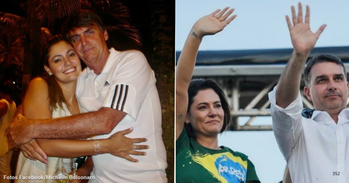 Left panel: smiling woman hugging an older man in a white polo at night. Right panel: man in a white shirt waving on a stage with a woman in a green shirt beside him at a rally. - Cómo una atractiva mujer que venía de abajo de quien se enamoró Jair Bolsonaro se volvió el fenómeno político de Brasil