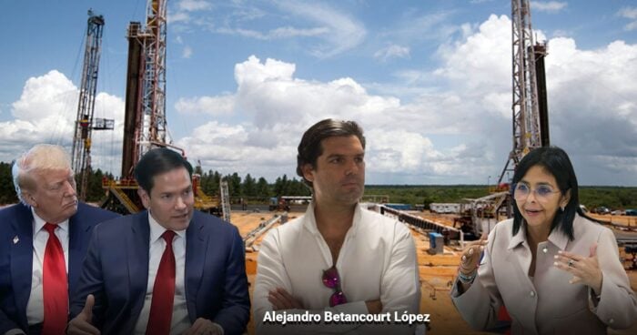 La opulenta vida del venezolano escogido de Trump para hacer los negocios de las petroleras gringas Four people in business attire sit at an oil rig construction site under a blue sky, discussing a project. - La opulenta vida del venezolano escogido de Trump para hacer los negocios de las petroleras gringas