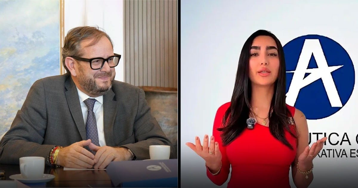 Split-screen image: left shows a man in a gray suit and glasses at a desk with coffee cups; right shows a woman in a red dress speaking in front of a logo backdrop (appears to be a media interview). - Un piloto con 30 años de experiencia en la FAC toma las riendas de la Aeronáutica en medio de una de sus peores crisis