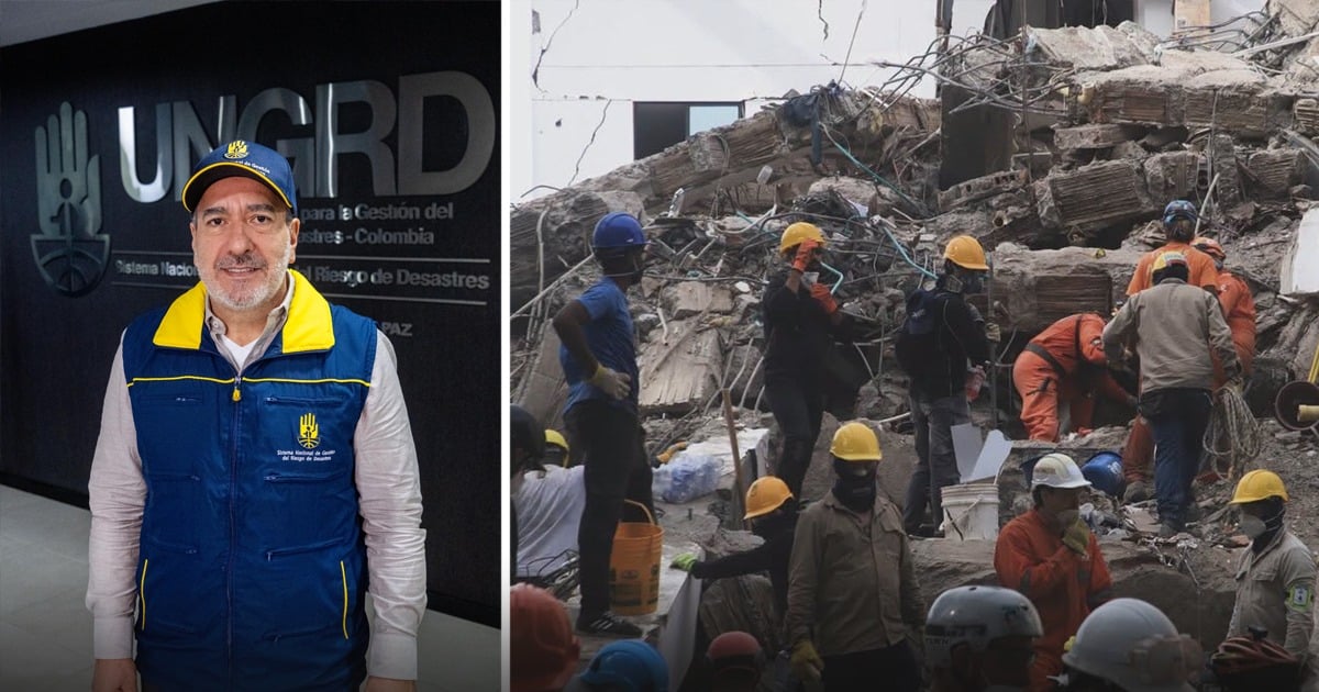 Split image: left shows a disaster management official in a blue and yellow vest posing indoors; right shows rescue workers with helmets and ropes amid a collapsed building site. - Colombia es el país latinoamericano con mayor riesgo de desastres naturales, según ranking internacional