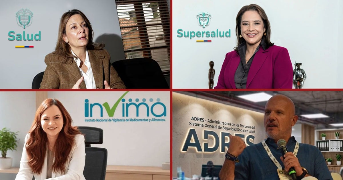 Quad-panel image of four health officials: top-left woman with Salud logo, top-right woman with Supersalud logo, bottom-left woman at desk with Invima logo, bottom-right man speaking at ADRES booth. - Un equipo formado mayoritariamente por mujeres inicia la tarea de recuperar el sistema de salud