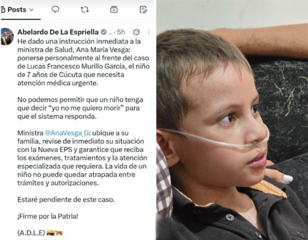 Split image: left side shows a Twitter post about a sick 7-year-old and medical care; right side shows a young boy with a nasal oxygen tube resting on a sofa. - Jalón de orejas del presidente a Nueva EPS logra que un niño de siete años reciba la atención esperada durante un año