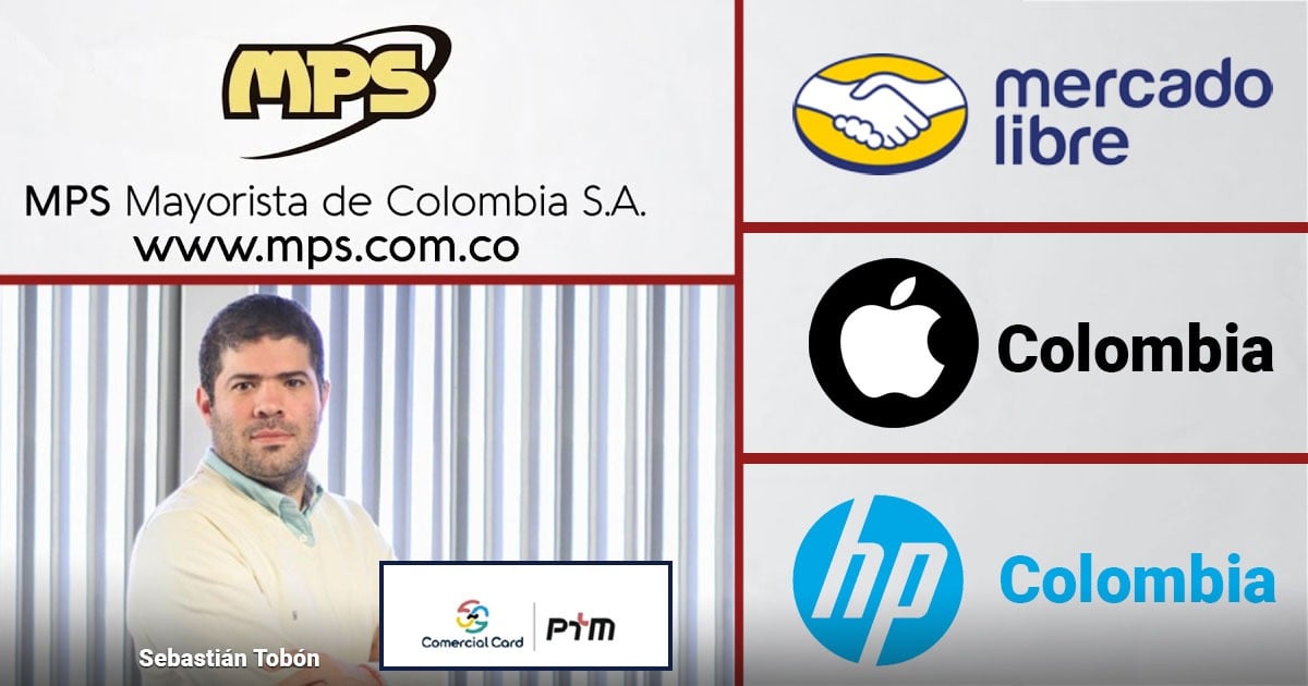 Collage of Colombian company logos (MPS, Mercado Libre, Apple Colombia, HP Colombia) with a man in an office. - Dos colombianas figuran entre las cinco gigantes de la tecnología que dominan las ventas en Colombia