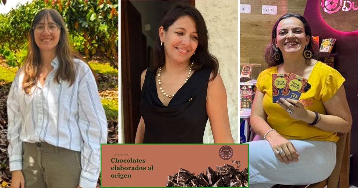 Three women posing in a photo collage: left outdoors in a light striped shirt, middle in a black dress with a pearl necklace, right in a yellow top holding chocolate bars, with a chocolate banner at the bottom reading 'Chocolates elaborados al origen'. - Las tres marcas de chocolate artesanal que triunfaron en un certamen internacional en Francia, dos platas y un bronce