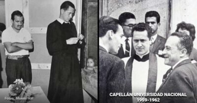 Las2orillas.co: Historias, voces y noticias de Colombia Two-panel black-and-white collage: left shows a priest in cassock with a man and a baby in a crib, right shows suited men chatting with a caption about Capellán Universidad Nacional 1959–1962. - Las2orillas.co: Historias, voces y noticias de Colombia