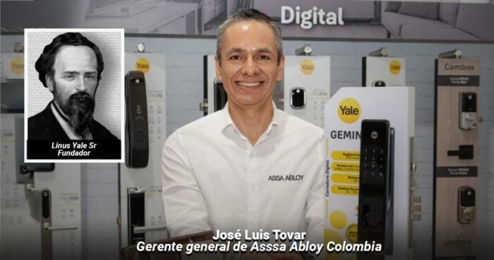 Las2orillas.co: Historias, voces y noticias de Colombia José Luis Tovar, general manager of ASSA ABLOY Colombia, in a showroom with Yale digital door locks (inset portrait of Linus Yale Sr). - Las2orillas.co: Historias, voces y noticias de Colombia