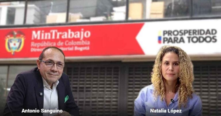 Las2orillas.co: Historias, voces y noticias de Colombia Antonio Sanguino and Natalia López seated in front of a red MinTrabajo banner with text 'República de Colombia' in the studio backdrop. - Las2orillas.co: Historias, voces y noticias de Colombia