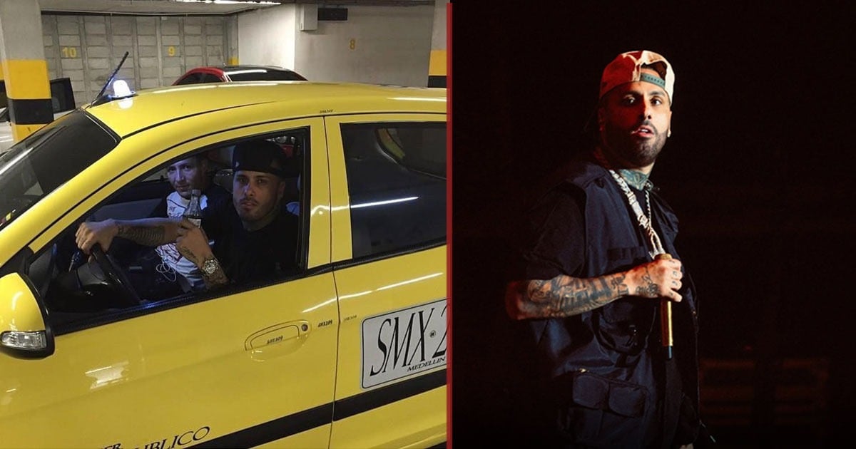 Split image: left panel shows two men in a yellow taxi inside a parking garage; right panel shows a tattooed rapper on stage holding a microphone. - La segunda oportunidad en Colombia que sacó a Nicky Jam de la pobreza y lo volvió un gigante del reguetón