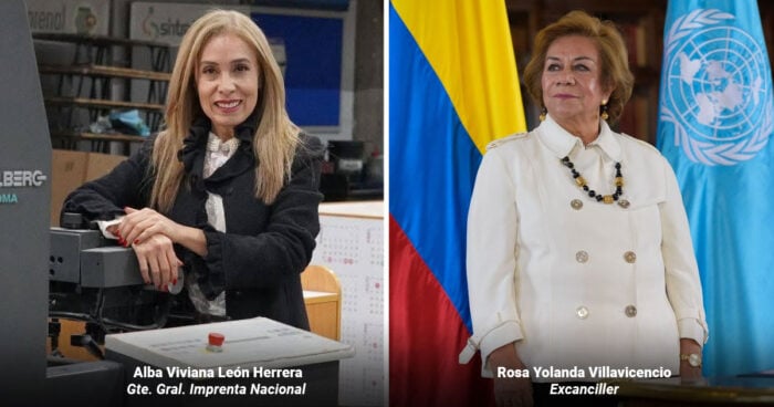 Por qué tambalea el contrato de pasaportes que Petro firmó con los portugueses y la Imprenta Nacional Two women in formal attire: left, Alba Viviana León Herrera at a printing press; right, Rosa Yolanda Villavicencio in a cream double‑breasted coat near a yellow, blue, red flag and a UN flag. - Por qué tambalea el contrato de pasaportes que Petro firmó con los portugueses y la Imprenta Nacional