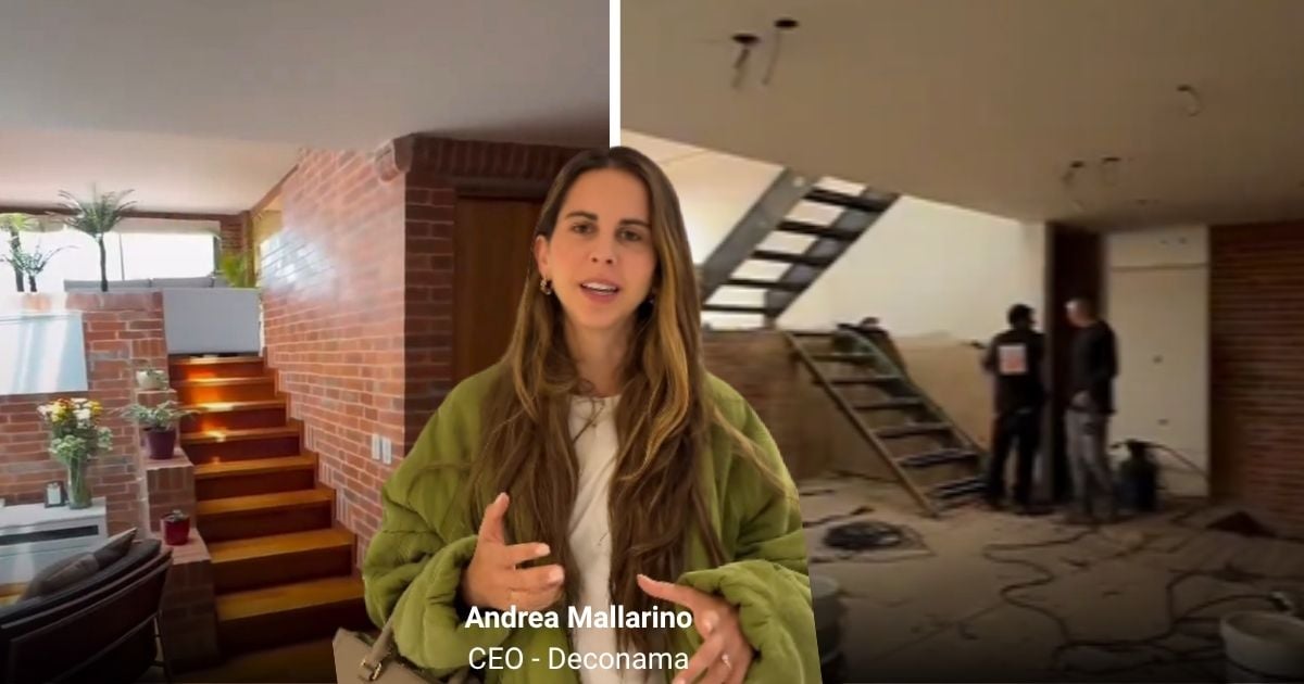 Andrea Mallarino, CEO of Deconama, speaks to camera in a split-screen scene with a brick interior on the left and a construction area on the right. - La diseñadora que está en la mira por alterar un apartamento de Salmona que era bien patrimonial