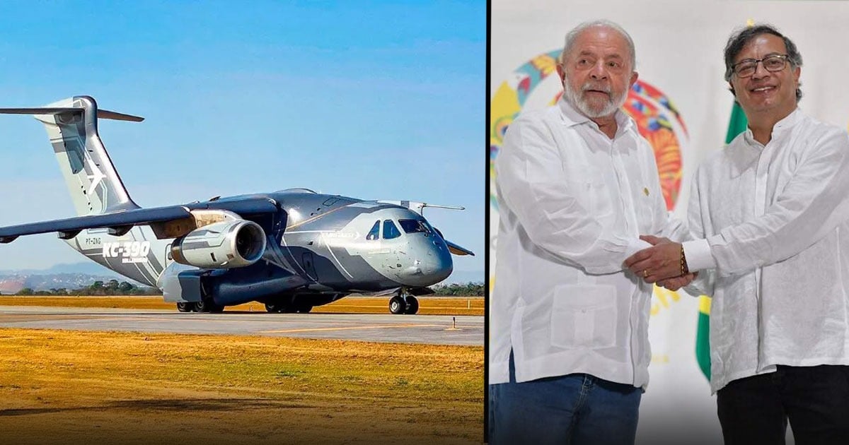 Split-screen: left shows a gray Embraer KC-390 cargo aircraft on a runway; right shows two men in white shirts shaking hands at a formal event. - Petro le cumplió a Lula Da Silva y aceleró la compra de dos Embraer KC – 390 Milennium por 366 millones de dólares