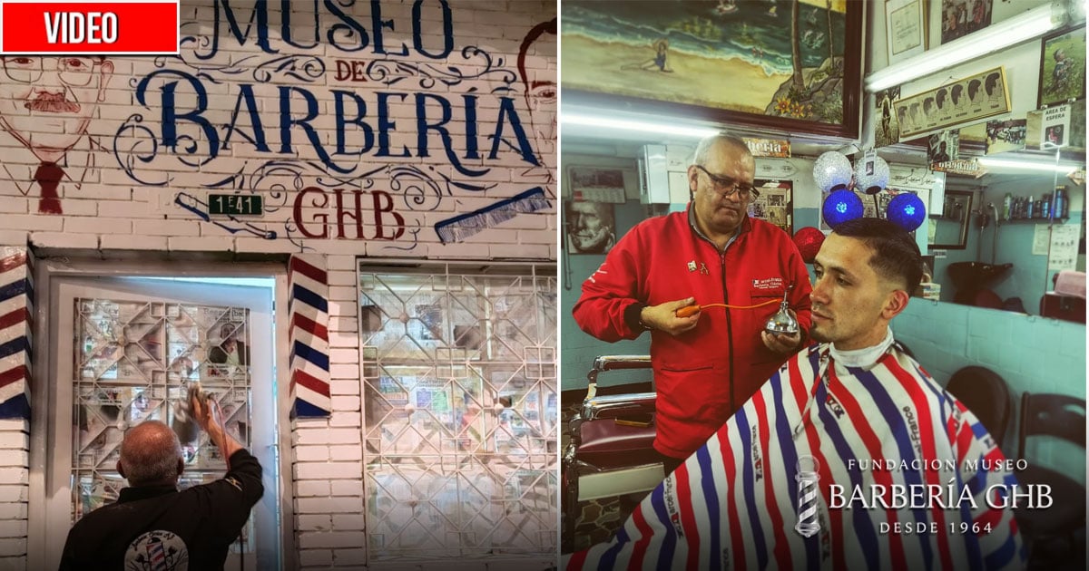 Two-panel scene: exterior of Museo Barbería GHB with a worker at a window and a mural reading 'BARBERÍA'; a barber cuts a client inside. - A sus 58 años sigue trabajando en la barbería más antigua de Bogotá por donde pasaron Gaitán, Lleras y Turbay