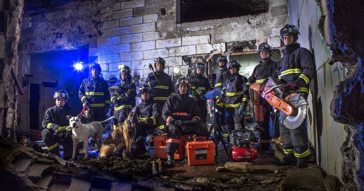 Firefighters in full gear with rescue dogs inside a rubble-filled, ruined building, posing with tools and equipment in front of them. - El duro de los Bomberos de Bogotá que arrancó rumbo al Tolima para enfrentar los incendios forestales