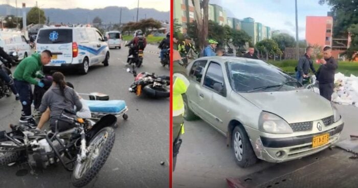 Las muertes por accidente de tránsito en Bogotá aumentaron un 30% Split-screen: left shows a motorcycle crash with a responder assisting a rider on the road; right shows a silver Renault with front-end damage and bystanders nearby. - Las muertes por accidente de tránsito en Bogotá aumentaron un 30%