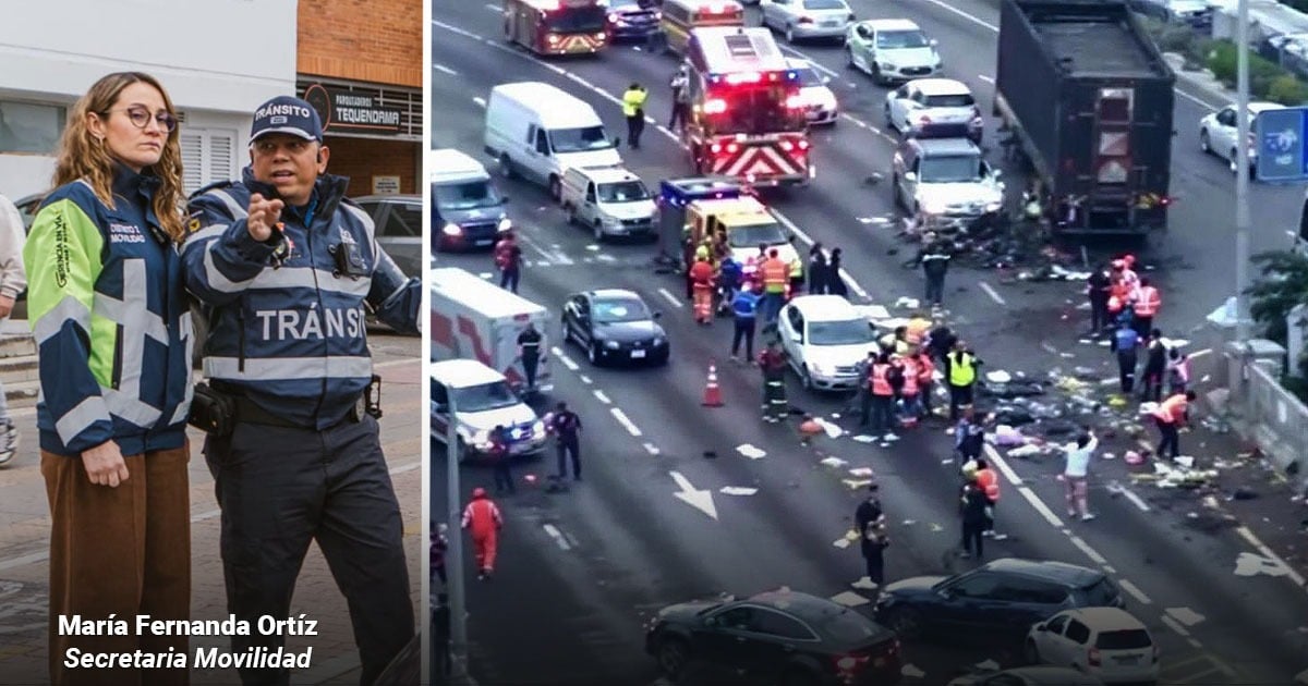 Left: two traffic officers posing in reflective jackets; right: a multi-vehicle crash with ambulances and bystanders on a city road, with debris scattered - Las muertes por accidente de tránsito en Bogotá aumentaron un 30%