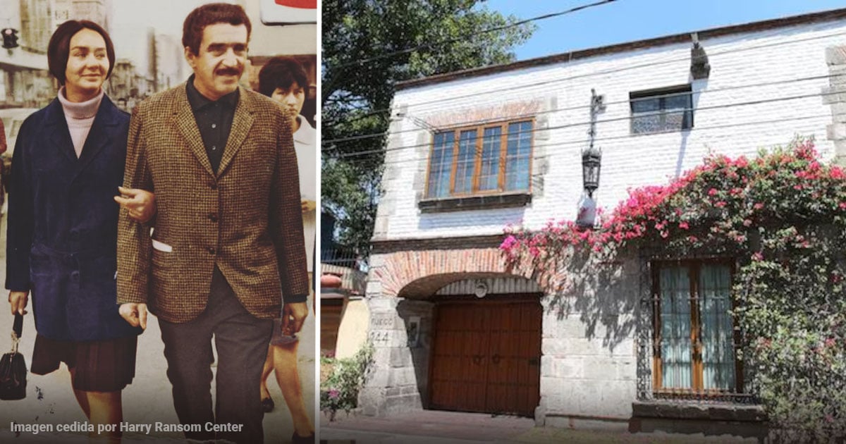 Split image: left shows a couple walking arm in arm in a vintage photo; right shows a white stone house with pink bougainvillea. - Adiós a la casa de Gabo donde recibió la noticia del Nobel y murieron él y Mercedes en Ciudad de México