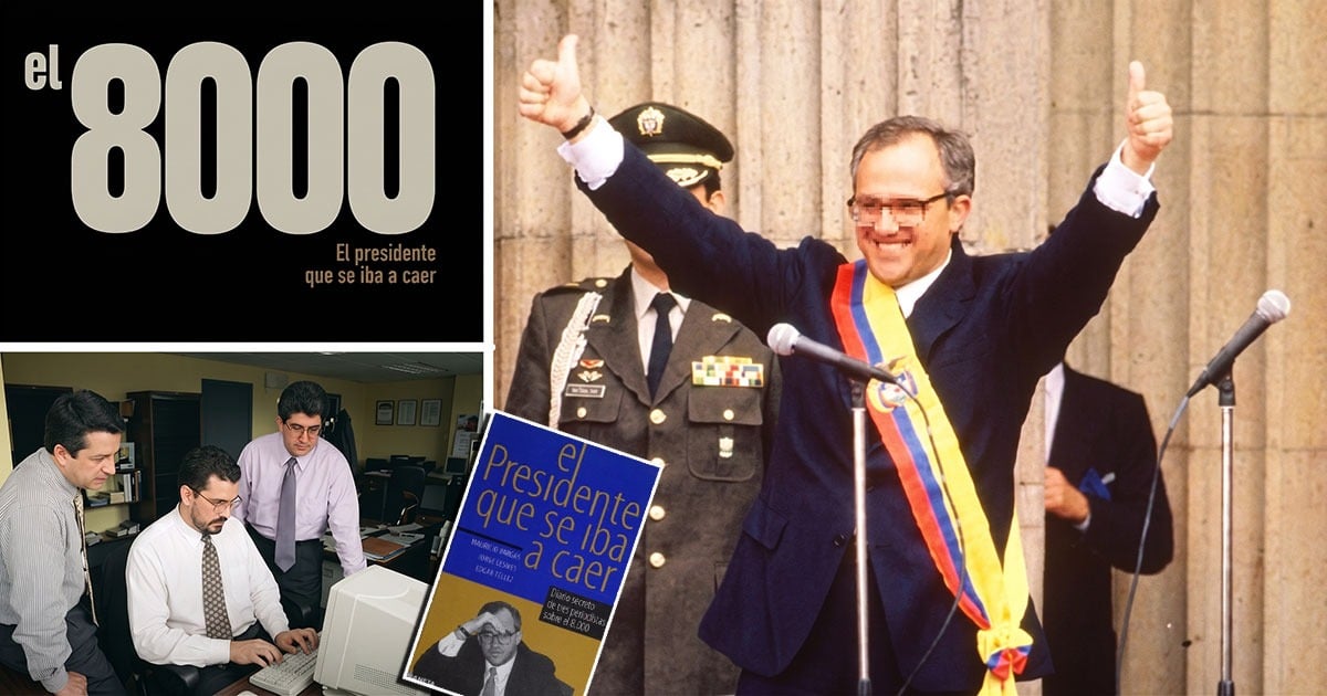 Collage showing a political figure with thumbs up and a blue/yellow sash, alongside a magazine cover and office workers at a computer. - Los US 3.5 millones del Cartel de Cali que hicieron tambalear a un presidente colombiano y llegan a HBO