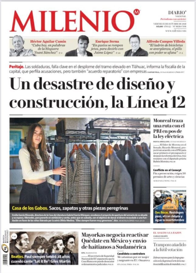 Adiós a la casa de Gabo donde recibió la noticia del Nobel y murieron él y Mercedes en Ciudad de México Front page of Milenio with a large headline about a failed Line 12 design and construction; photo shows a woman browsing coats on a clothing rack. - Adiós a la casa de Gabo donde recibió la noticia del Nobel y murieron él y Mercedes en Ciudad de México
