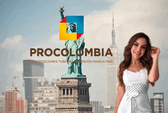 ProColombia tourism banner showing the Statue of Liberty with a colorful square logo and a smiling woman against the NYC skyline. - Quiénes están en los mejores oficinas de Procolombia en el exterior que El Tigre va a acabar