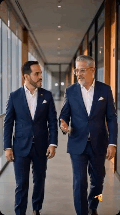 Estos son los escogidos que el presidente De la Espriella quiere sentar en la junta directiva de Ecopetrol Two professional men in navy suits walk and talk down a glass-walled office corridor. - Estos son los escogidos que el presidente De la Espriella quiere sentar en la junta directiva de Ecopetrol
