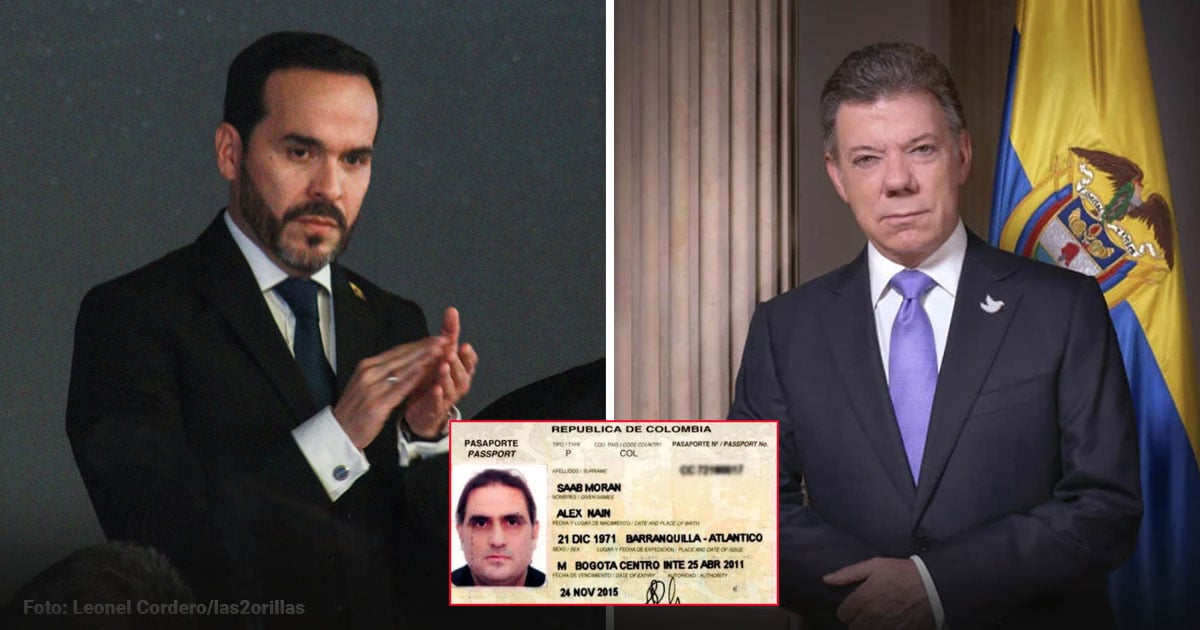 Two men in dark suits at a formal event, with a Colombian passport photo inset between them and a Colombian flag in the background on the right. - ¿Por qué De la Espriella no invitó a Santos a su posesión?