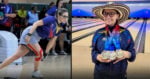 Left: Female bowler in a blue shirt and knee brace crouches at the lane, preparing to bowl. - Las2orillas.co: Historias, voces y noticias de Colombia