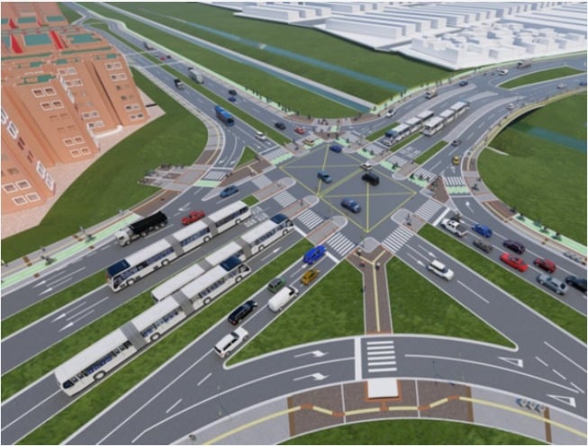 Vía libre para la construcción del puente Tibanica en Bosa, beneficiará a 250 mil personas de Ciudad Verde Bird's-eye view of a complex highway interchange with multiple lanes, buses and cars, surrounded by buildings and green space. - Vía libre para la construcción del puente Tibanica en Bosa, beneficiará a 250 mil personas de Ciudad Verde