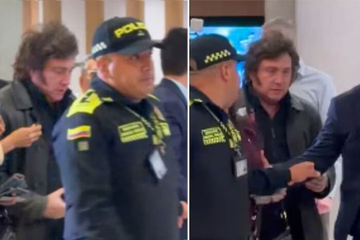 Así fue la llegada a Cali de presidentes e invitados especiales a la posesión de Abelardo De la Espriella Two frames of a security officer in a dark uniform with yellow insignia greeting a man with shoulder‑length hair in a dark jacket in a busy indoor space. - Así fue la llegada a Cali de presidentes e invitados especiales a la posesión de Abelardo De la Espriella