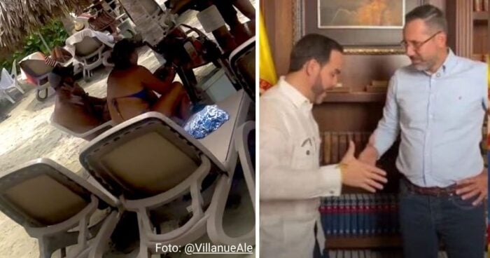 Las2orillas.co: Historias, voces y noticias de Colombia Left: beach scene with sunbathers among overturned chairs; right: two men shake hands indoors in a wood-paneled room. - Las2orillas.co: Historias, voces y noticias de Colombia