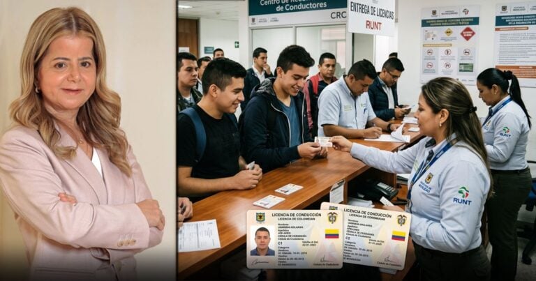 Las2orillas.co: Historias, voces y noticias de Colombia Woman in a pink blazer stands beside a busy counter where young men receive driving licenses from uniformed staff. - Las2orillas.co: Historias, voces y noticias de Colombia