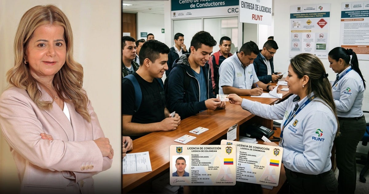 Woman in a pink blazer stands beside a busy counter where young men receive driving licenses from uniformed staff. - La ministra Elsa Noguera bloqueó el nuevo requisito para sacar licencias de conducción